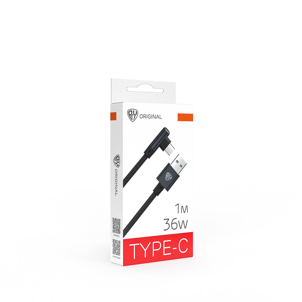 Кабель для зарядки USB(A)-Type C, 36Вт BY Угловой, 1 м, 3A, нейлон, чёрный, арт.№ 931-611