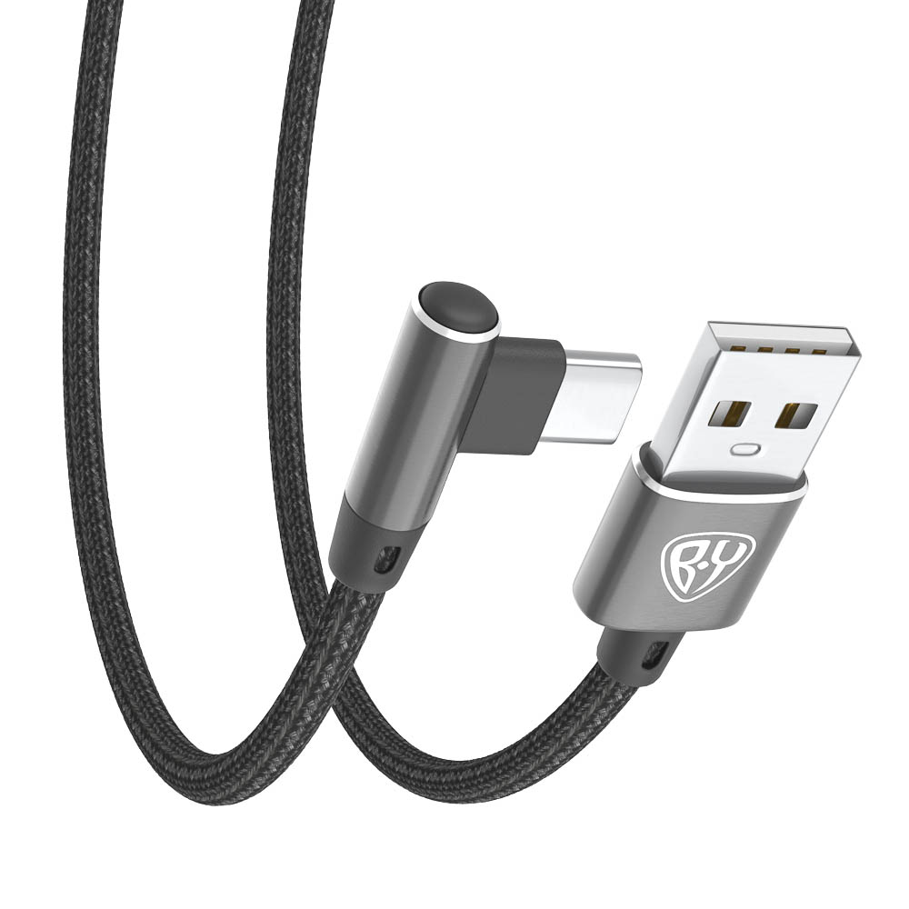 Кабель для зарядки USB(A)-Type C, 36Вт BY Угловой, 1 м, 3A, нейлон, чёрный, арт.№ 931-611