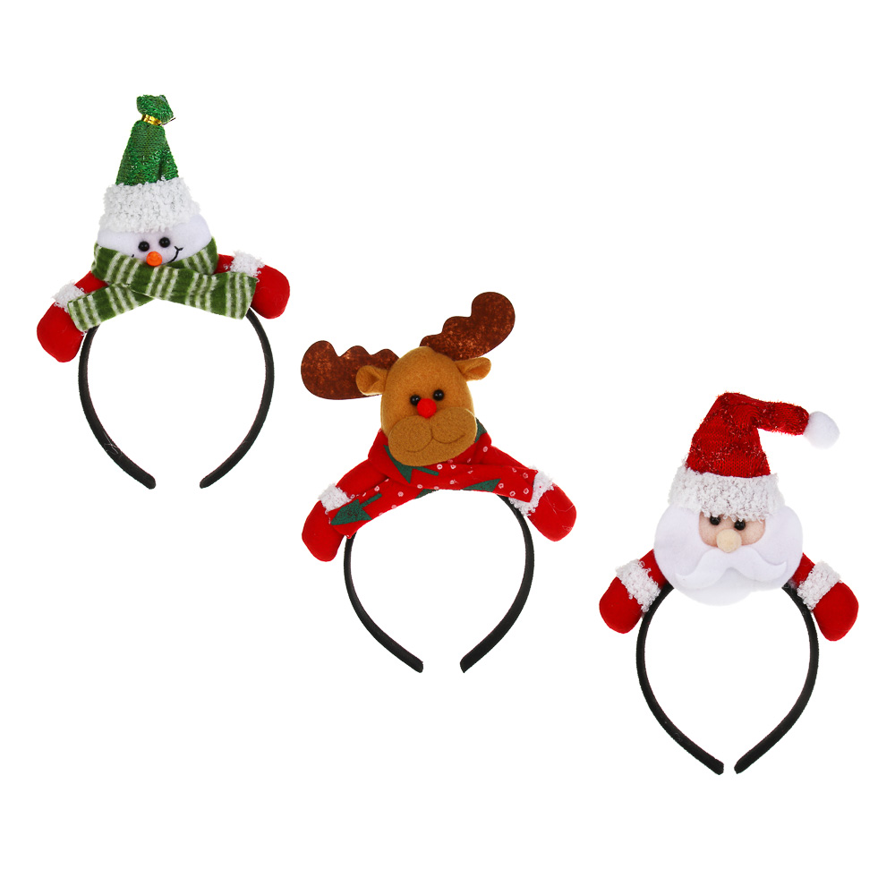 СНОУ БУМ Ободок новогодний, диаметр 12см, полиэстер, пластик, 3 дизайна, арт.№ 343-155