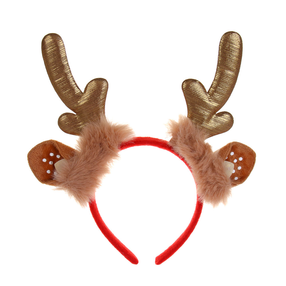 СНОУ БУМ Ободок новогодний с оленьими рожками, диаметр 11см, полиэстер, пластик, арт.№ 343-158