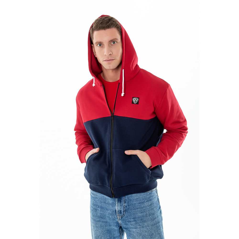 BY Толстовка на молнии мужская колорблок, хлопок, размеры S-XXL, цвет темносине-красный, арт.№ 830-676