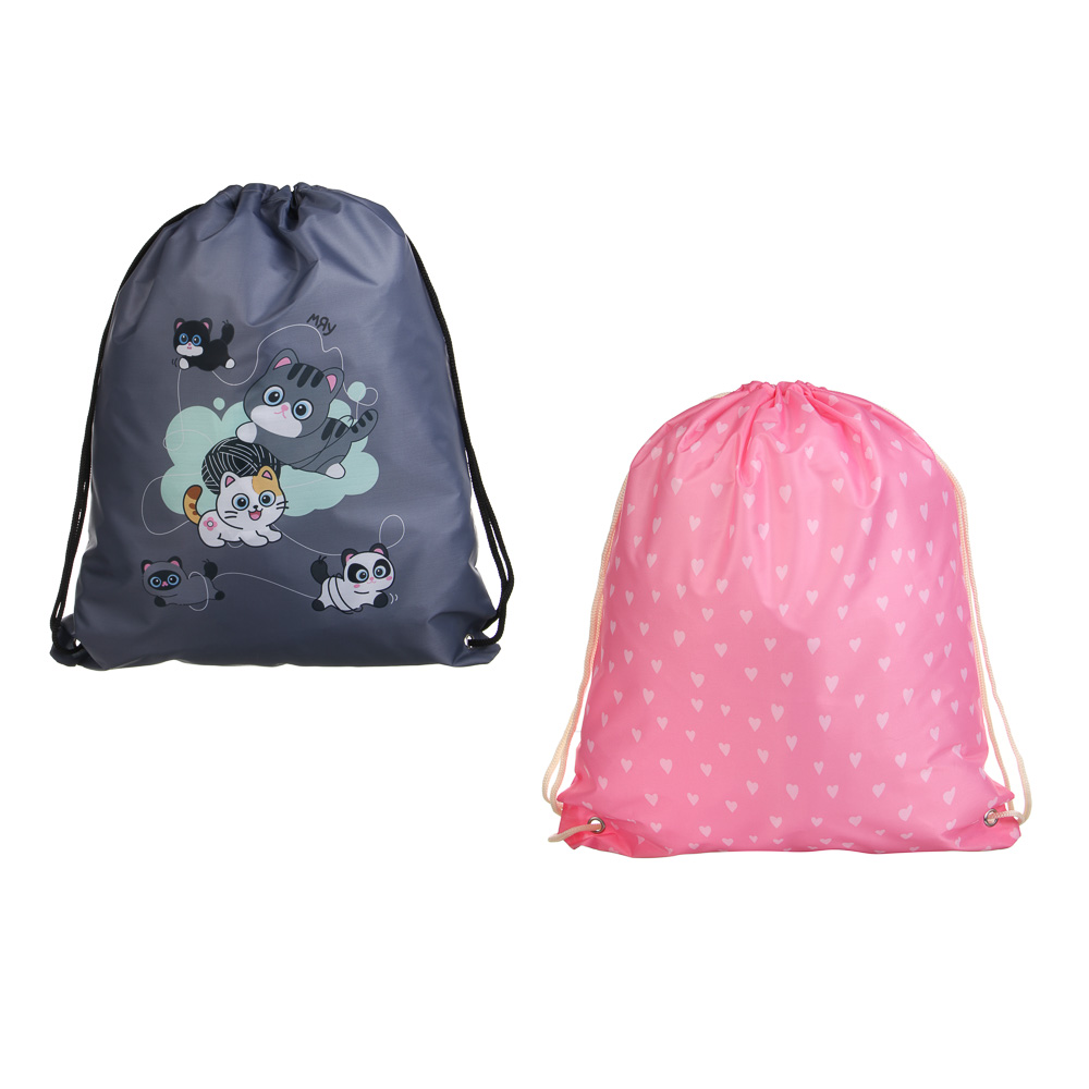 Мешок для сменной обуви на завязках, 34,8x41,5см. "Единорожка/Котики" полиэстер, ОПП пакет, 2 диз., арт.№ 524-304