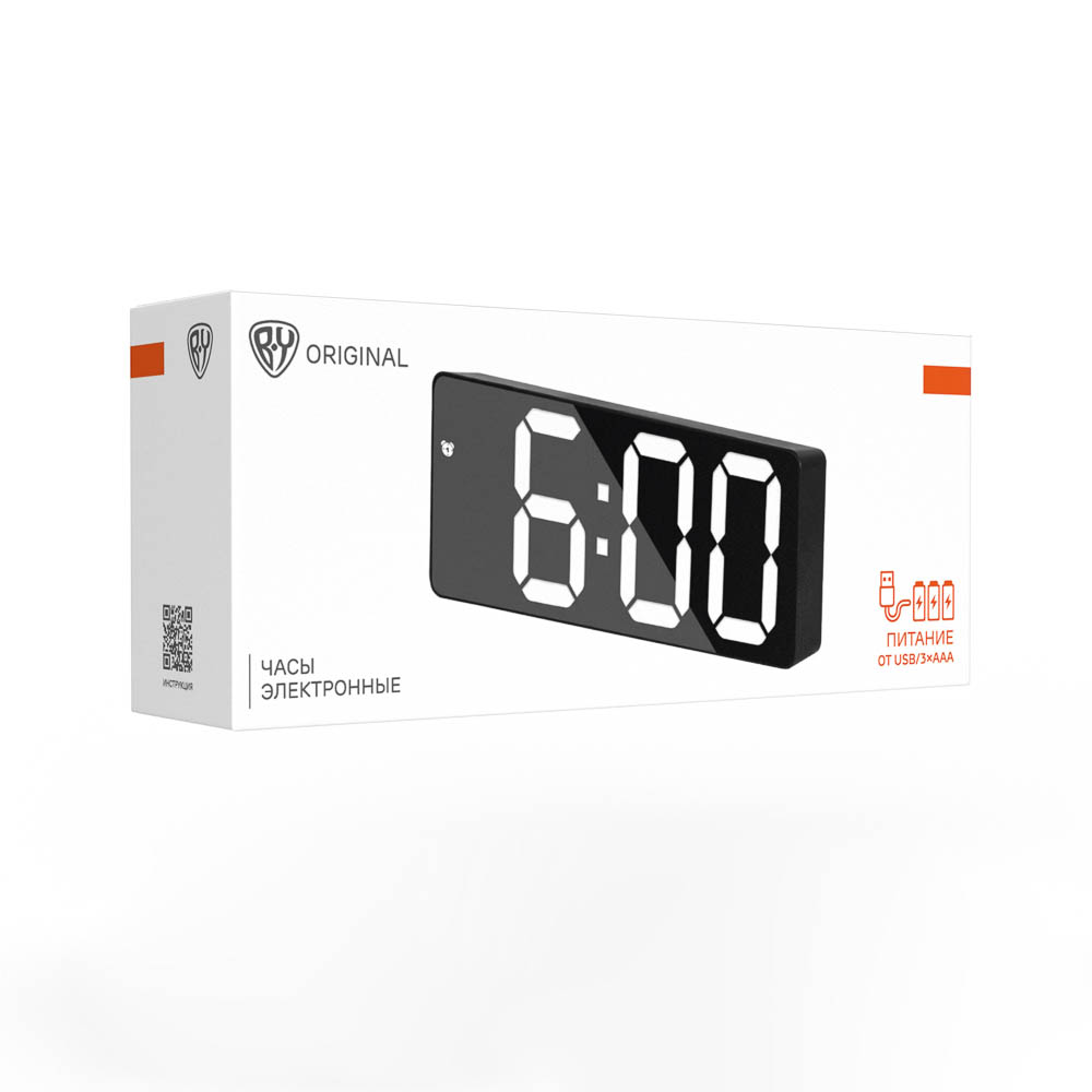 Часы электронные BY Veluna, день недели, дата, темп., 12x6см, питание от USB/3хААА, пластик, чёрный, арт.№ 529-346