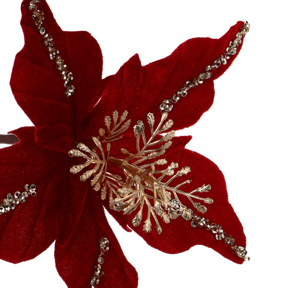 СНОУ БУМ Пуансетия 15 см на прищепке (5 лепестков), глиттер, полиэстер, металл, 26-417, арт.№ 348-043