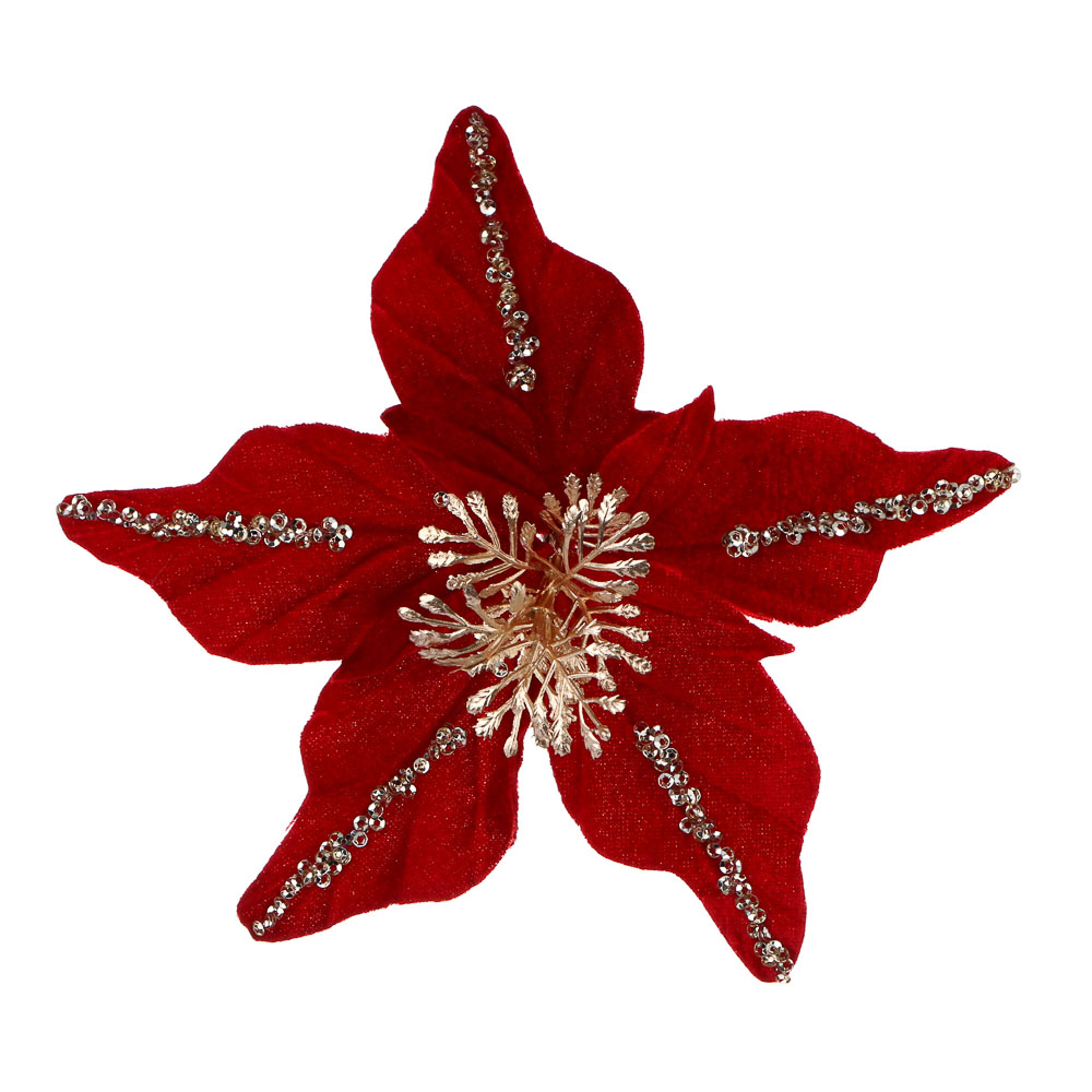 СНОУ БУМ Пуансетия 15 см на прищепке (5 лепестков), глиттер, полиэстер, металл, 26-417, арт.№ 348-043