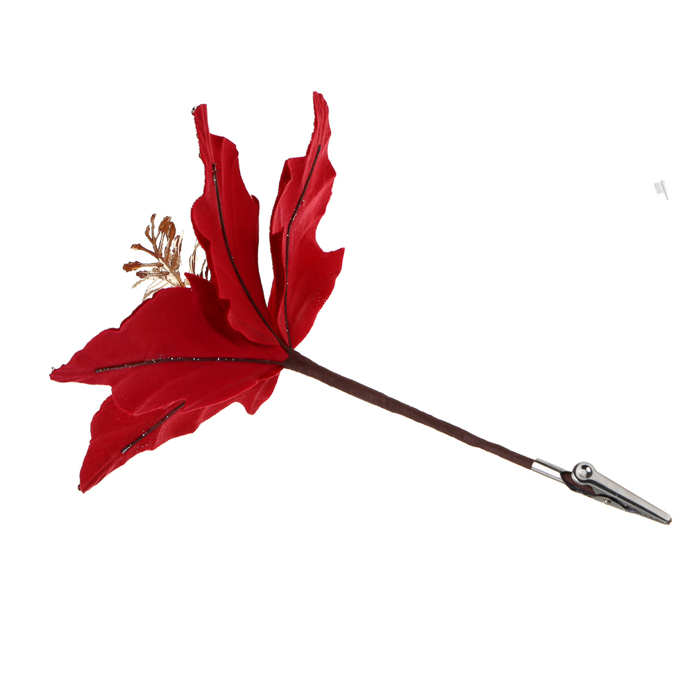 СНОУ БУМ Пуансетия 15 см на прищепке (5 лепестков), глиттер, полиэстер, металл, 26-417, арт.№ 348-043