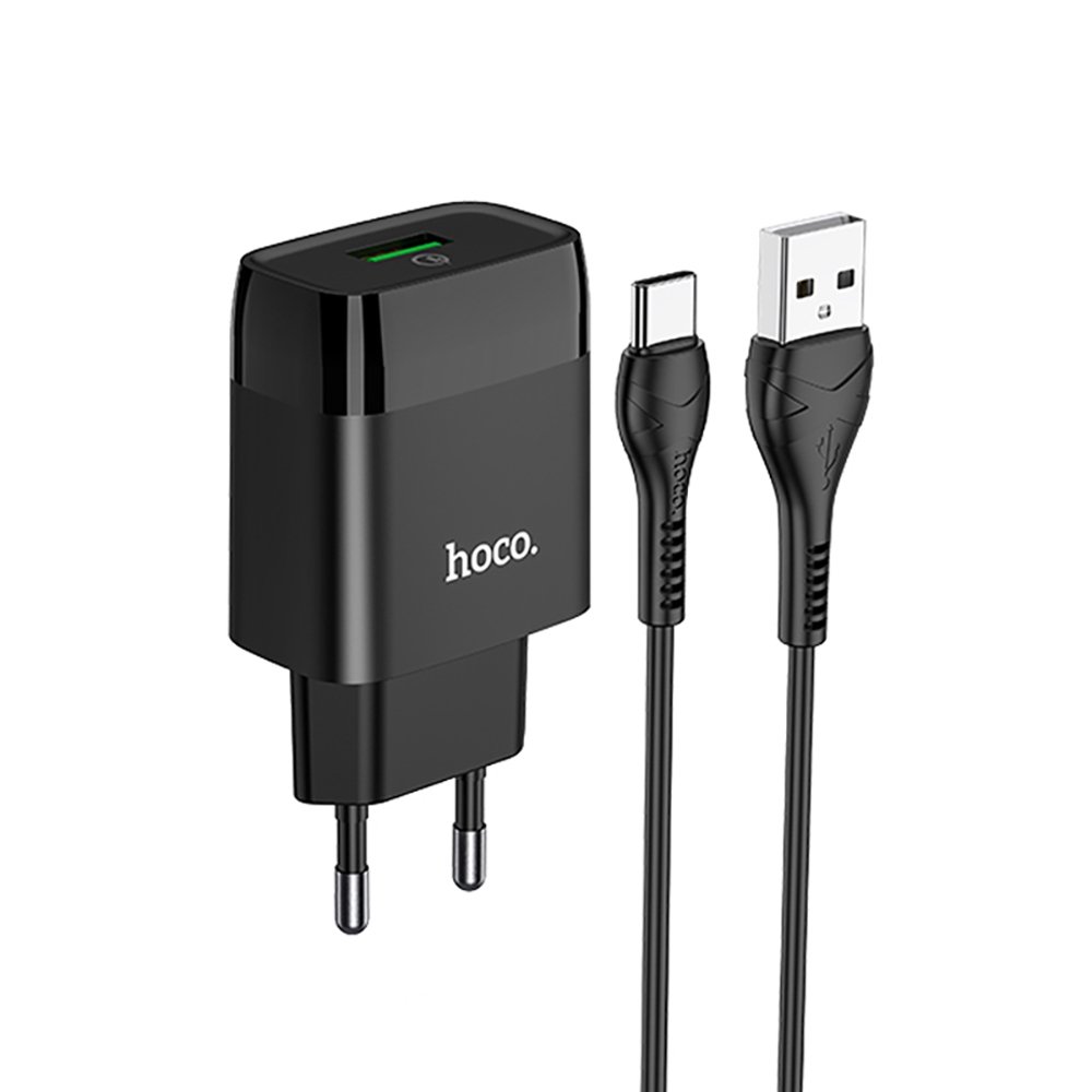 Комплект СЗУ hoco. модель C72Q, USB-C 18Вт, QC3.0, каб. C-C, черный, арт.№ 916-334