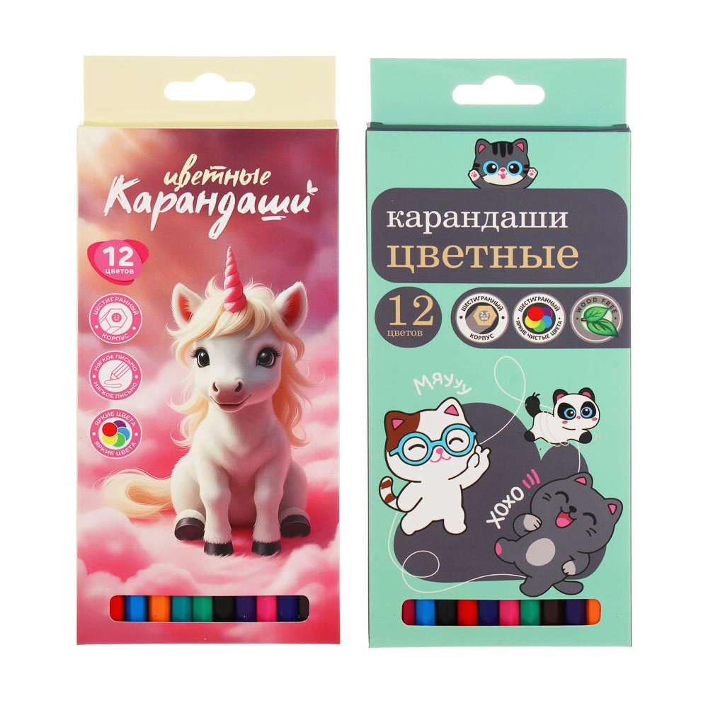 Карандаши пластиковые шестигранные, 12 цв., "Единорожка/Котики", заточенные, цветная коробка, арт.№ 524-305