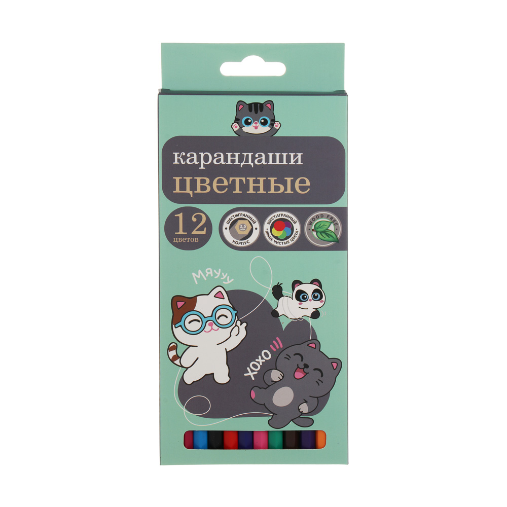 Карандаши пластиковые шестигранные, 12 цв., "Единорожка/Котики", заточенные, цветная коробка, арт.№ 524-305