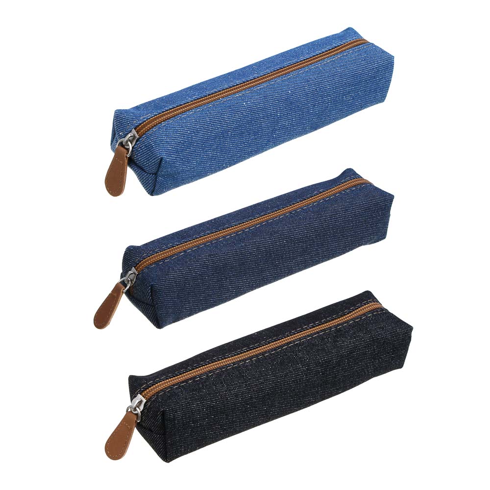 Пенал школьный прямоугольный 20х5х3,5 см, 1 отделение на молнии, джинсовый материал, 3 цвета, пакет, арт.№ 238-443