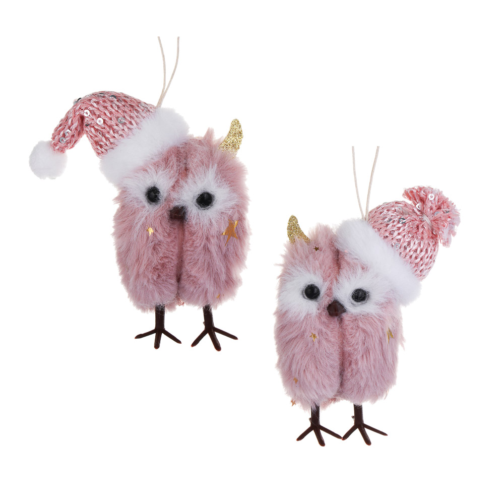 СНОУ БУМ Сувенир елочный Сова в шапке 11 см, полиэстер, розовый, 2 вида, арт.№ 397-495