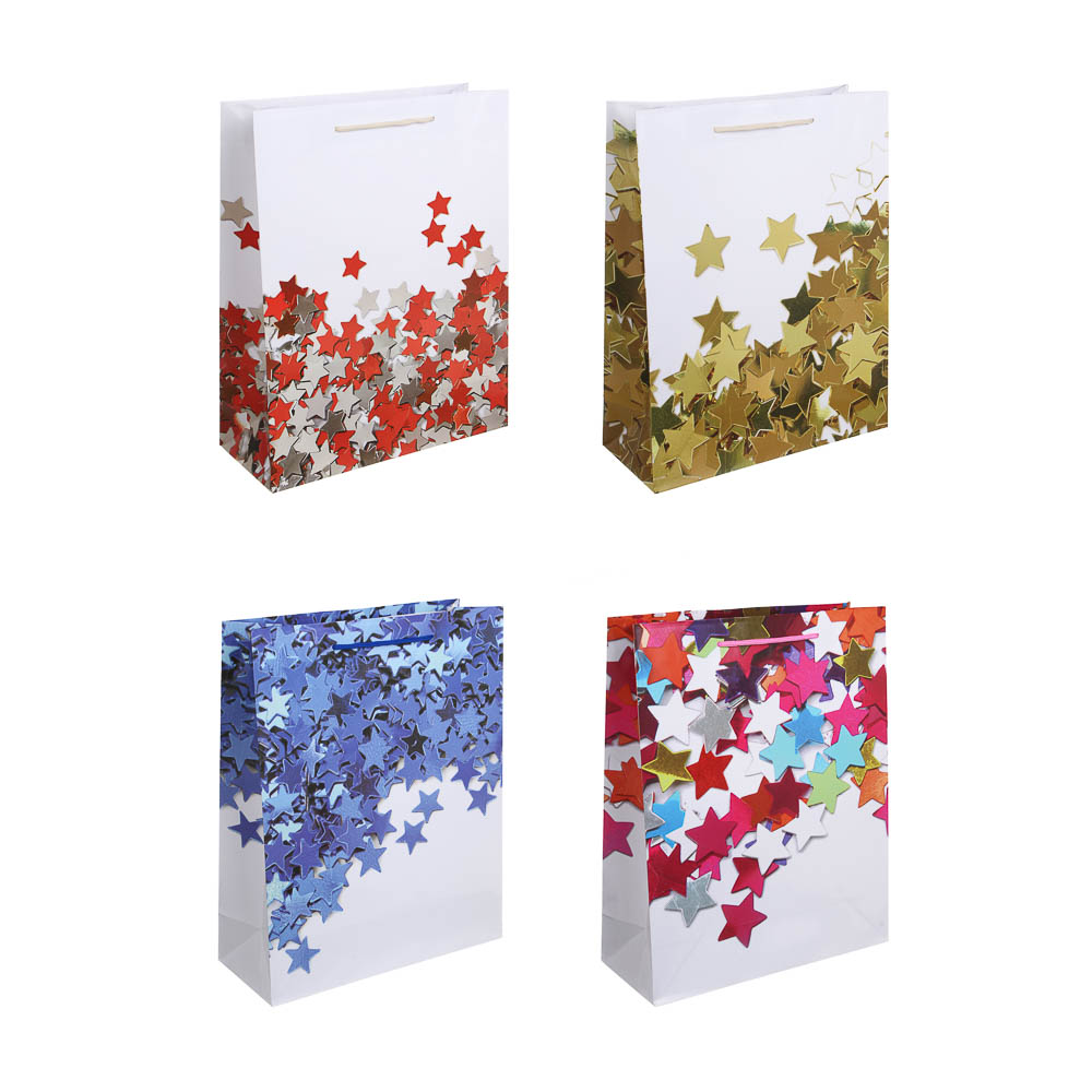 Пакет подарочный бумажный тм LADECOR, L 26x32x10 см, 4 цвета, звезды, арт.№ 507-250