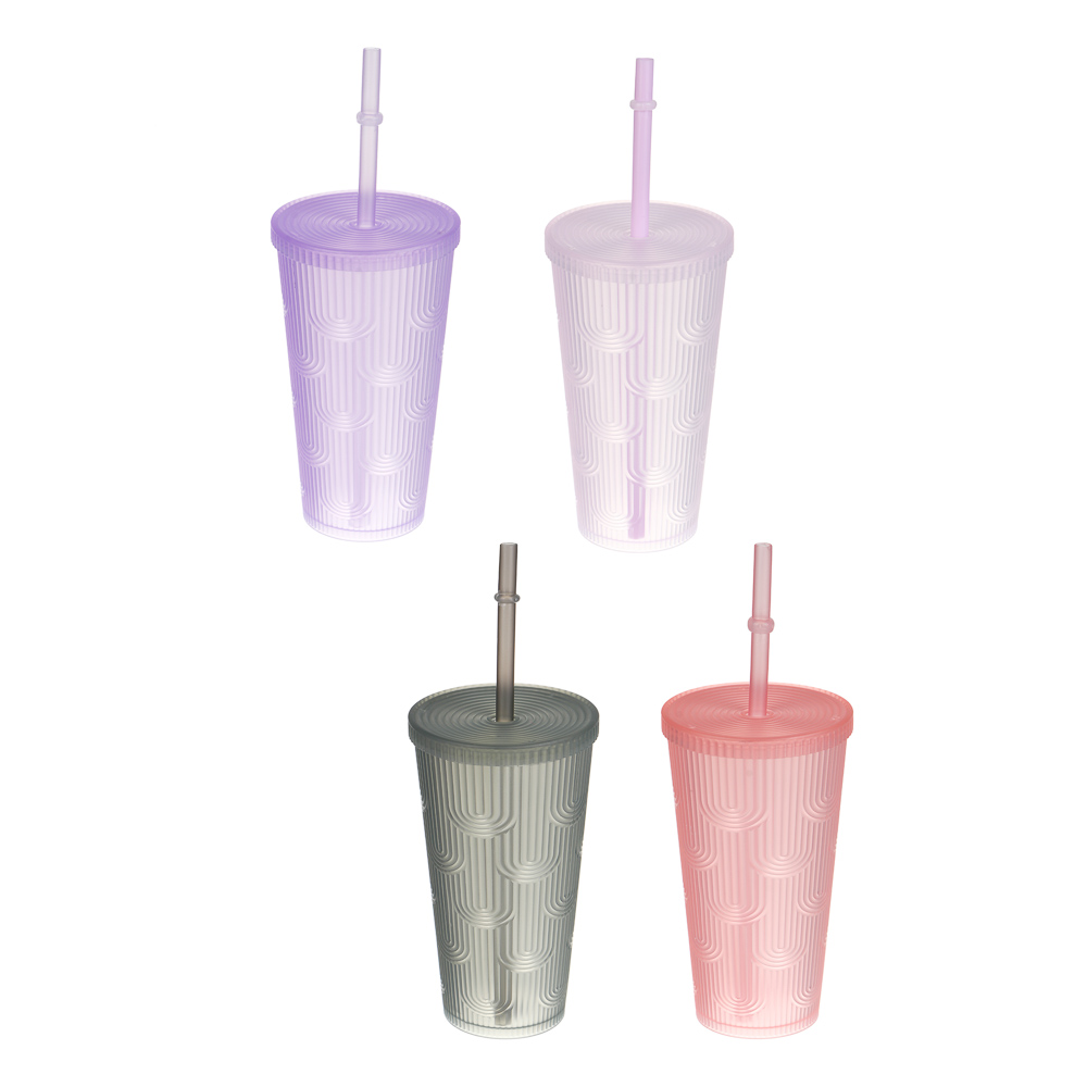 Стакан пластиковый Волна, с крышкой и трубочкой, 450мл, 4 цвета, арт.№ 861-585