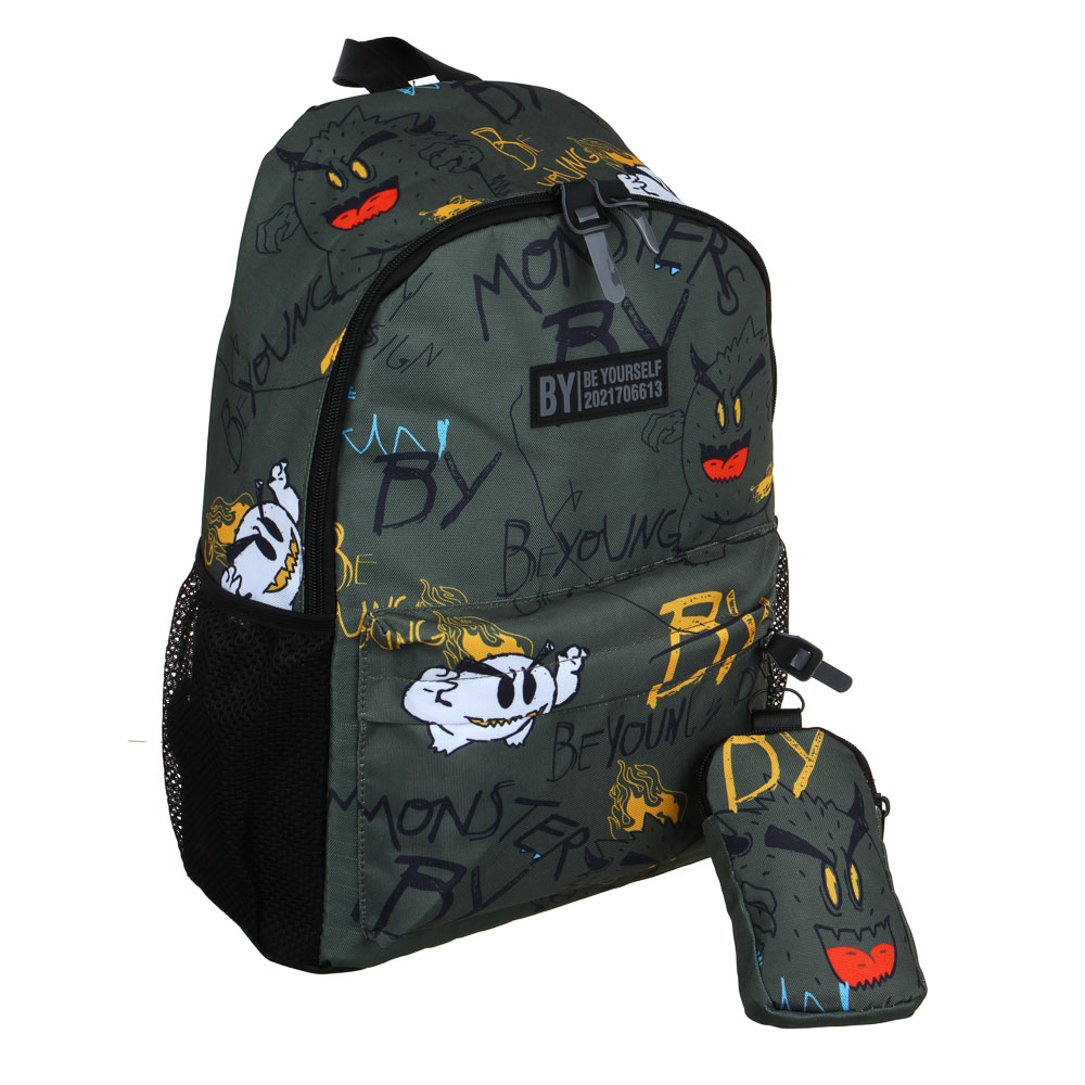 BY МОНСТРИКИ Рюкзак подростковый, 41x29x18см, 1 отд., 4 карм., плотный ПЭ, зеленый фон, кошелек, арт.№ 254-659