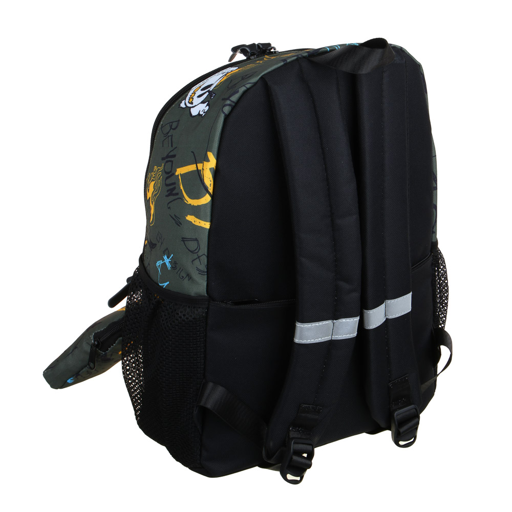 BY МОНСТРИКИ Рюкзак подростковый, 41x29x18см, 1 отд., 4 карм., плотный ПЭ, зеленый фон, кошелек, арт.№ 254-659