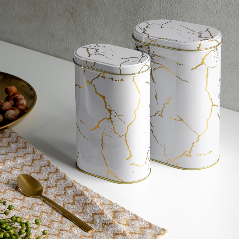 Набор банок для хранения 2шт, 20х13,5х8,5см, 18х11,5х7см, жесть, белый мрамор, арт.№ 828-275