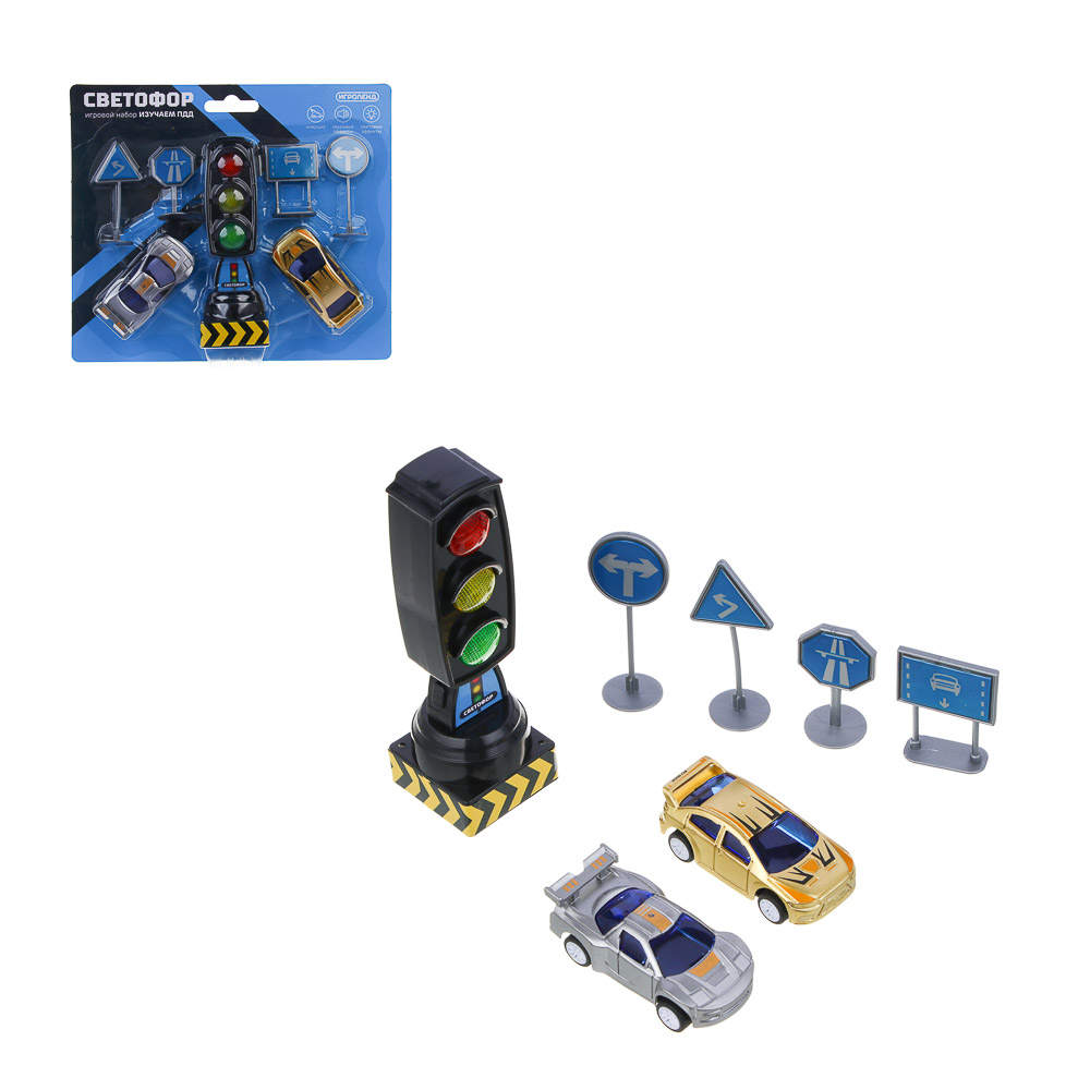 ИГРОЛЕНД Игровой набор "Светофор" с машинками, знаками, инерция, свет, звук, 3хLR44, РР, 22х19х5 см, арт.№ 276-165