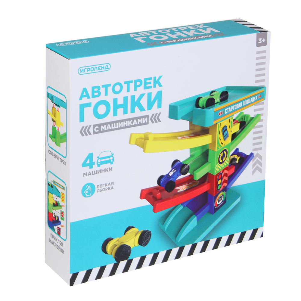 ИГРОЛЕНД Автотрек "Гонки", пластик, 4 машинки, 21,5х22х5 см, арт.№ 276-166