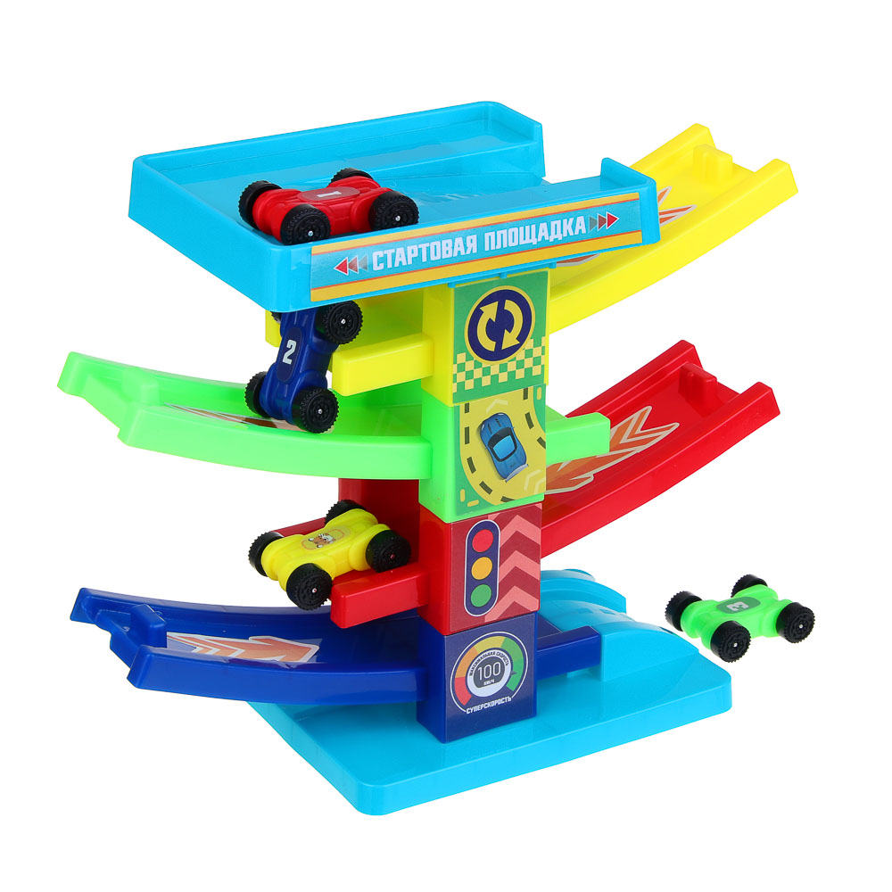 ИГРОЛЕНД Автотрек "Гонки", пластик, 4 машинки, 21,5х22х5 см, арт.№ 276-166