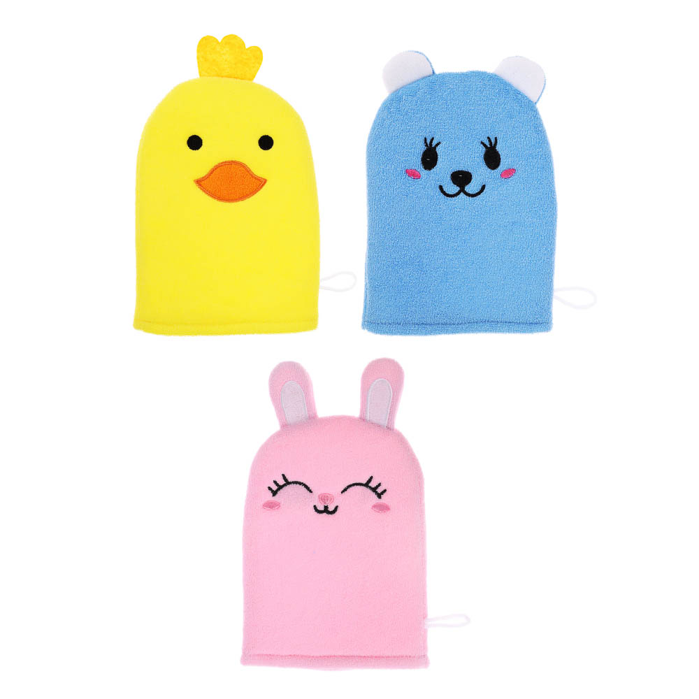 ЮL Мочалка рукавичка для ванны и душа в виде зверюшек, полиэстер, 18х13см, 3 дизайна, МС24-08, арт.№ 361-152