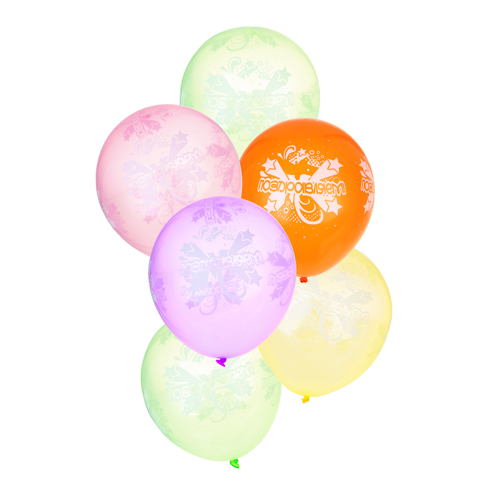 FNtastic Набор воздушных шаров, 6 шт, 12" цвет неон с белым рисунком "Поздравляем", арт.№ 518-069
