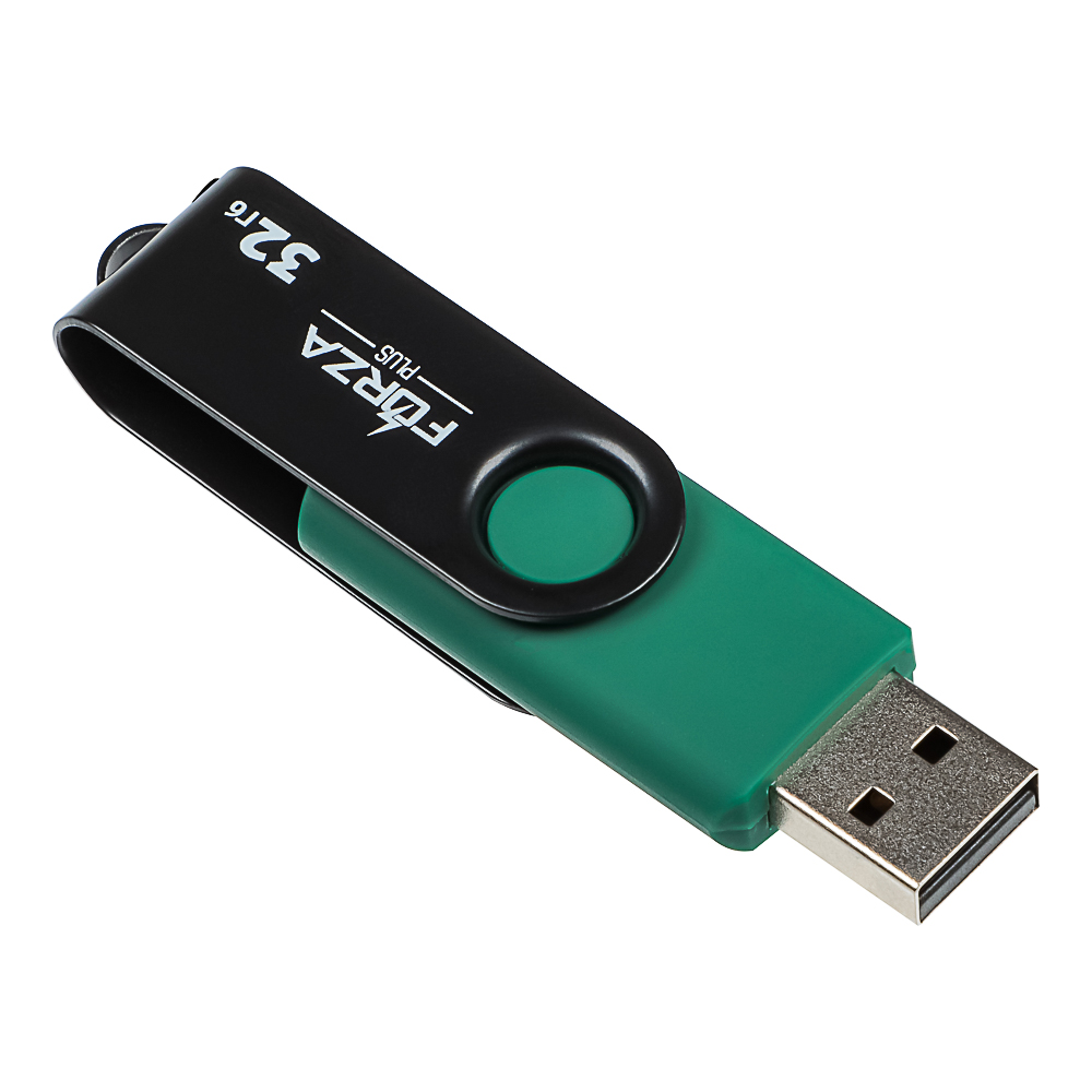 Флеш-карта USB2.0 FORZA 32Гб, 6 класс, матовое покрытие, блистер, пластик, черный/зеленый, арт.№ 405-099