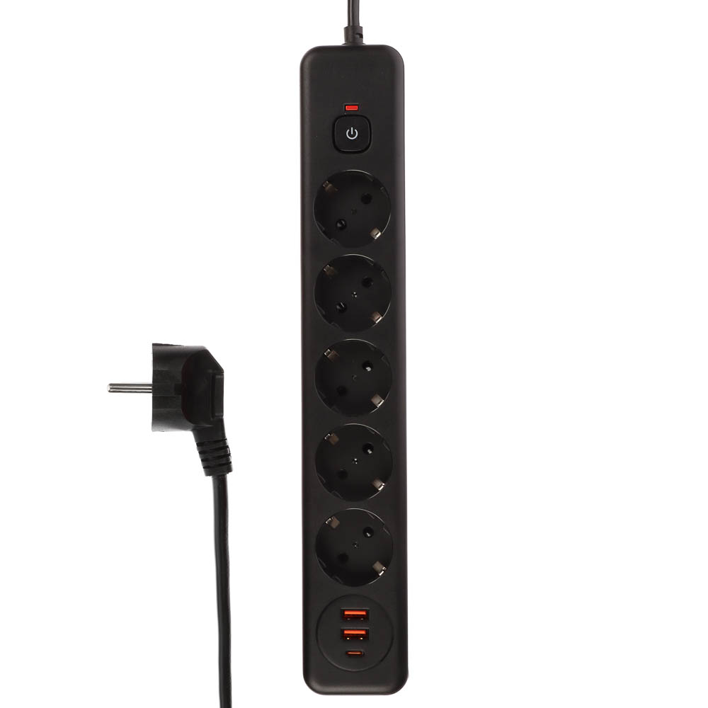 Удлинитель, сетевой фильтр 5 гнезд 3м BY Black, 2*USB, 1*type-C,выкл., 2500Вт, чёрный, арт.№ 907-277