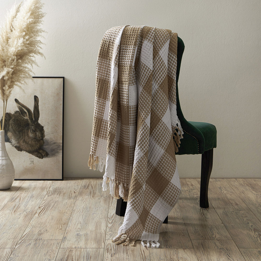 PROVANCE Basic Плед хлопок, 180х200см, клетка, бежевый, арт.№ 486-019