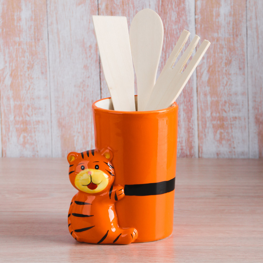 СНОУ БУМ Набор столовых приборов в подставке, сувенирный Тигр, керамика, дерево, 11,5x8x12см, арт.№ 359-795