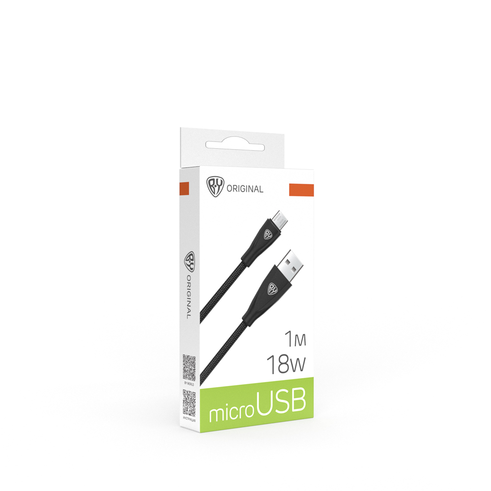 BY Кабель для зарядки Nylon Pro USB(A)-microUSB, 18W, 1 м, 3A, нейлон, черный, арт.№ 931-627