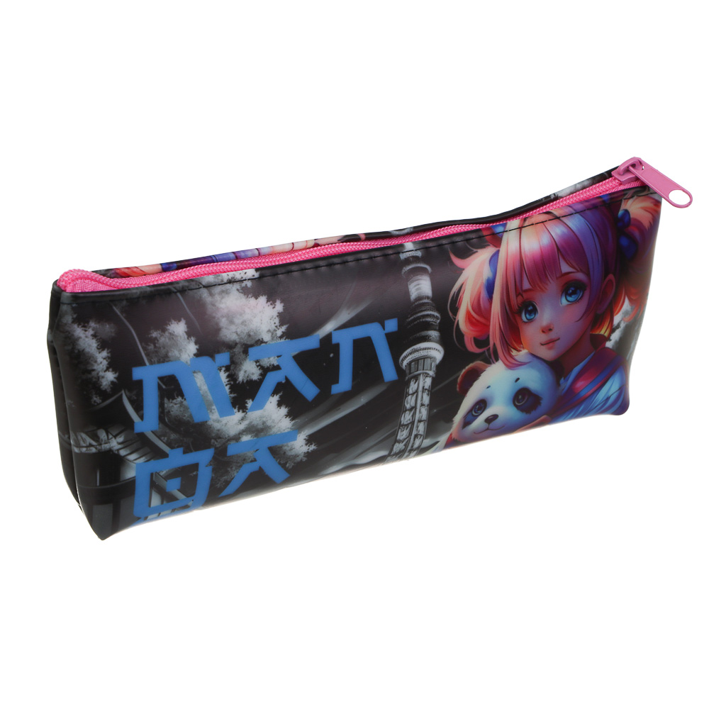 Пенал школьный прямоугольный 20x8x3,5 см, "Девочка с Пандой", 1 отделение на молнии, силикон, арт.№ 524-250