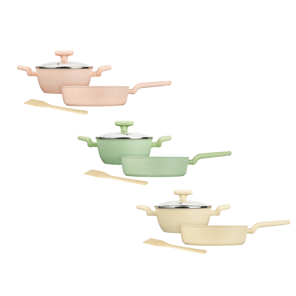 SATOSHI Эмери Набор 4 предмета сотейник 28 см, кастрюля с крышкой 20 см, антипригарное покрытие мрамор, индукция, с бамбуковой лопаткой, 3 цвета, арт.№ 846-743