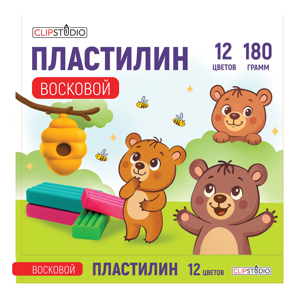 Пластилин мягкий 12цв. ClipStudio 180г, со стеком, в картонной коробке, ВОСКОВОЙ, арт.№ 239-104