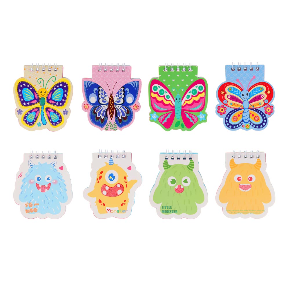 Записная книжка фигурная на спирали А7, 40л., "Бабочки/Монстрики", 8 диз., арт.№ 557-141