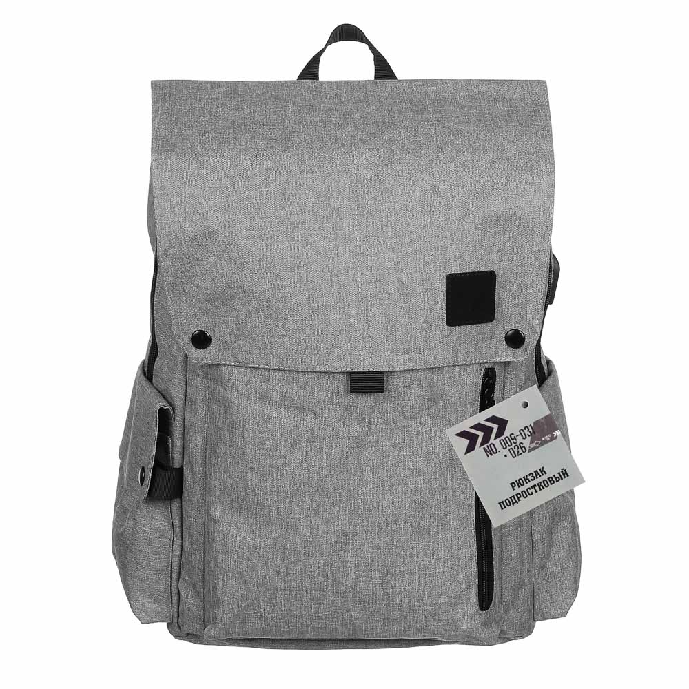 Рюкзак подростковый 39x31,5x14,5см, 1 отд., 4 карм., клапан на 2х кноп., ПЭ, серый, арт.№ 254-592