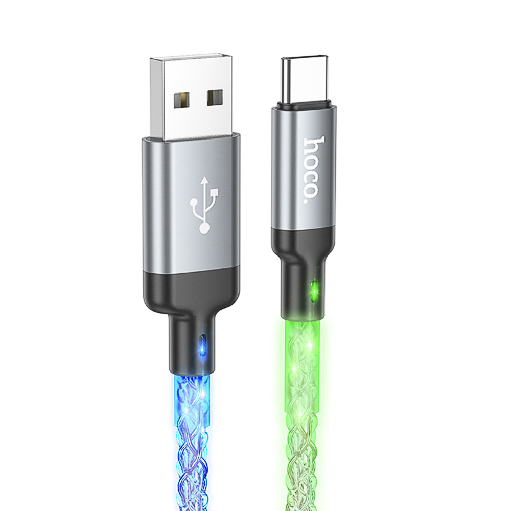 Кабель для зарядки USB(A)-Type C hoco. модель U112 Shine, 1 м, светящийся, серый, арт.№ 931-581