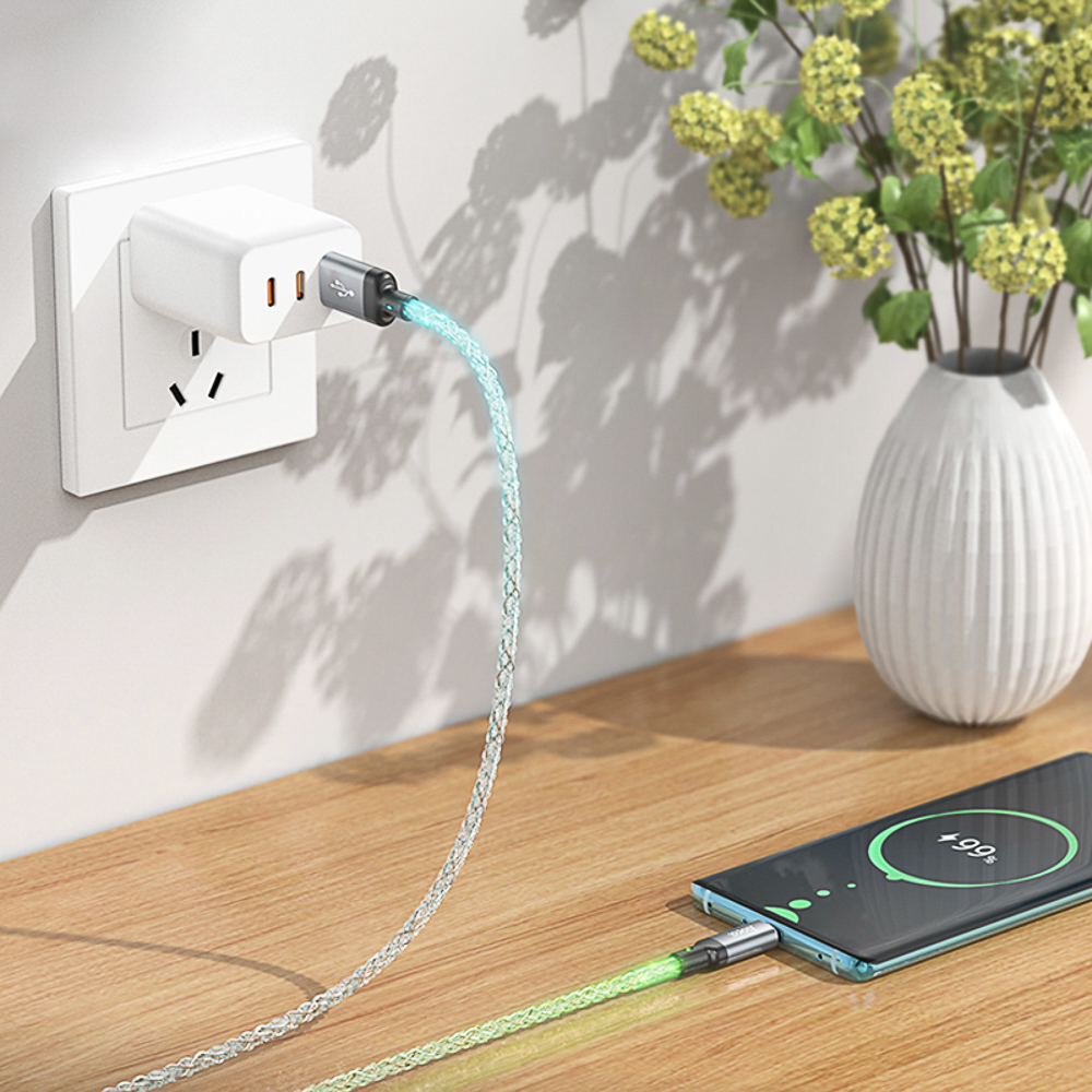 Кабель для зарядки USB(A)-Type C hoco. модель U112 Shine, 1 м, светящийся, серый, арт.№ 931-581