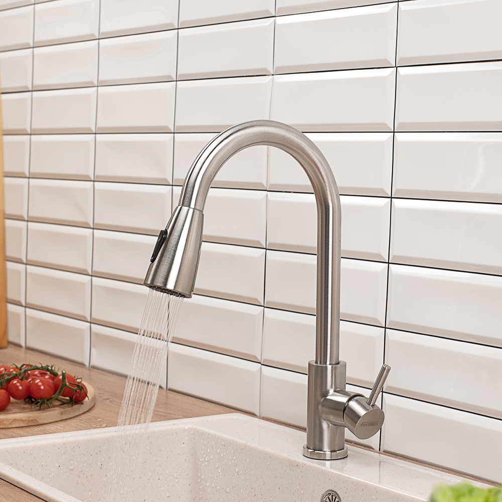 СоюзКран Смеситель для кухни, выдвижной излив 40см, керам. картридж 35мм, нерж. сталь, SS01-E132, арт.№ 567-093