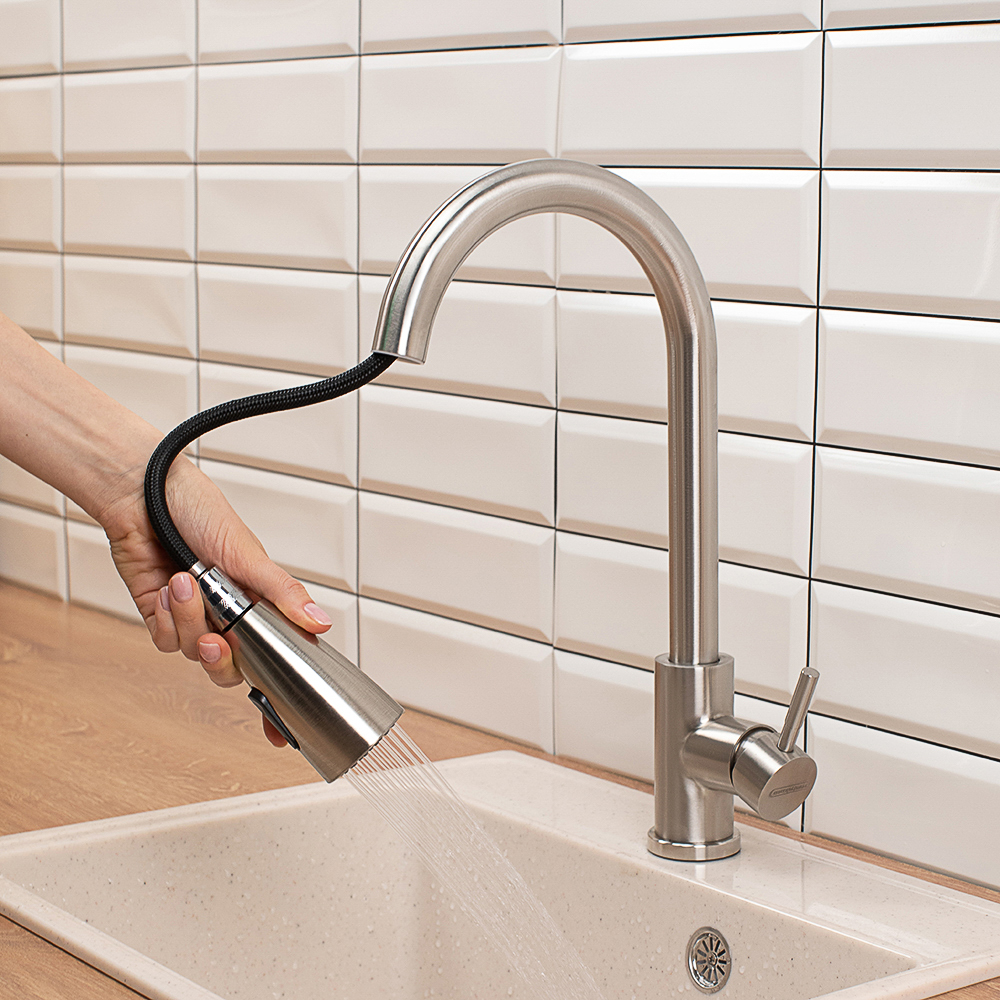 СоюзКран Смеситель для кухни, выдвижной излив 40см, керам. картридж 35мм, нерж. сталь, SS01-E132, арт.№ 567-093