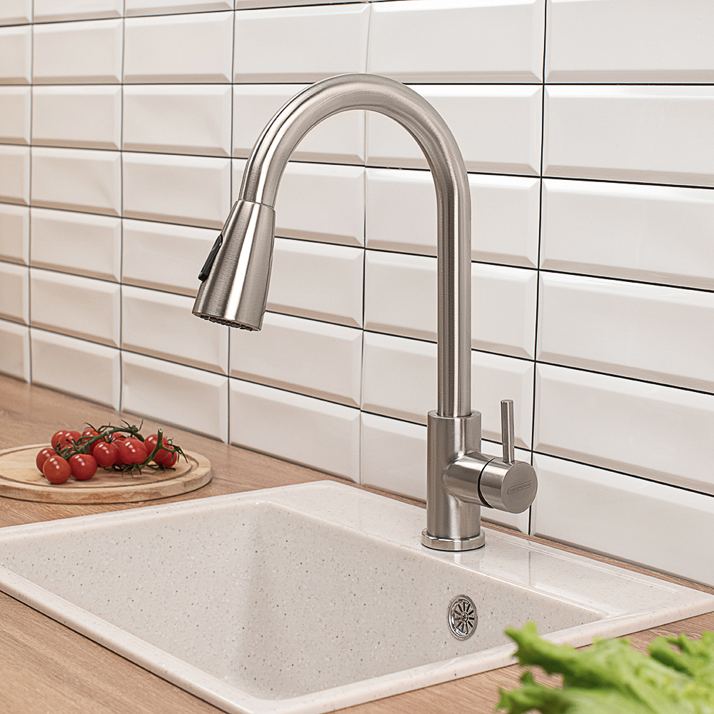 СоюзКран Смеситель для кухни, выдвижной излив 40см, керам. картридж 35мм, нерж. сталь, SS01-E132, арт.№ 567-093