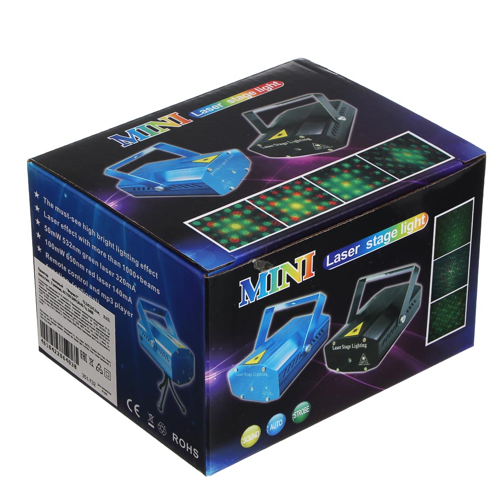 Проектор лазерный "Форма-3", 12.2х9.2х5.2см, 2LED, красн./зел., 3 режима, AC110V-240V,50-60 Гц, 240В, арт.№ 351-732