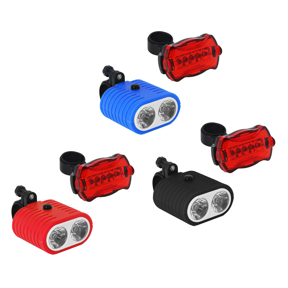 SILAPRO Набор фонарей 2шт (перед 6х5х3см,2LED,3 реж.,3хААА; задний 6см;5LED,7 реж.,2хААА), пластик, арт.№ 195-106