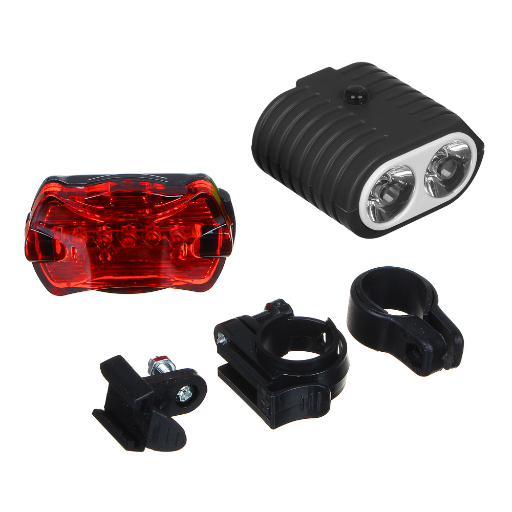 SILAPRO Набор фонарей 2шт (перед 6х5х3см,2LED,3 реж.,3хААА; задний 6см;5LED,7 реж.,2хААА), пластик, арт.№ 195-106