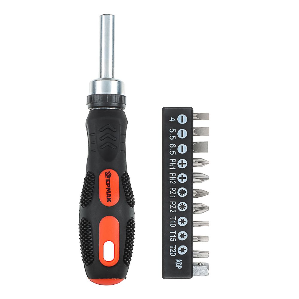 ЕРМАК Отвертка реверсив.,адаптер 1/4,биты:SL4,SL5.5,SL6.5,PH1,PH2,PZ1,PZ2,TORX10,TORX15,TORX20,сталь, арт.№ 651-197