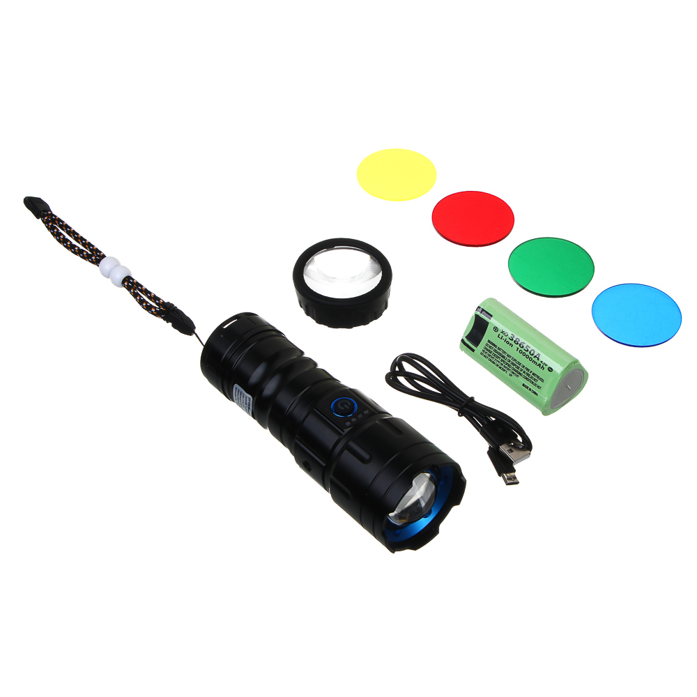 Фонарь ручной, LED, 5 реж, 55х157мм, алюм, съем аккум. 1х38650, фокус, 5 линз, дальн 800 м, 1380 лм, арт.№ 224-030