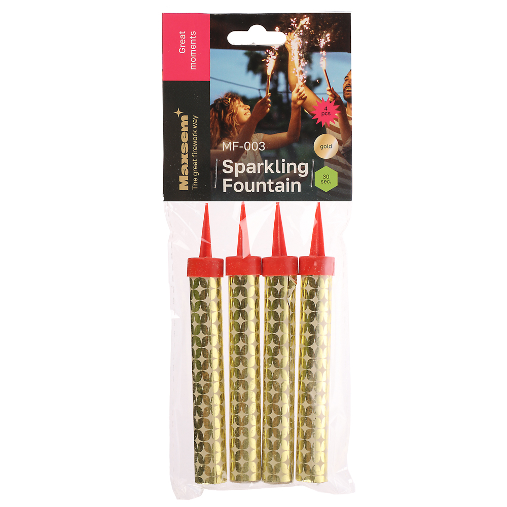 Фонтан свеча для торта, поток золотых искр 10-12,5см. 30сек. 4 шт, тм МАКСЭМ, арт.№ 506-252