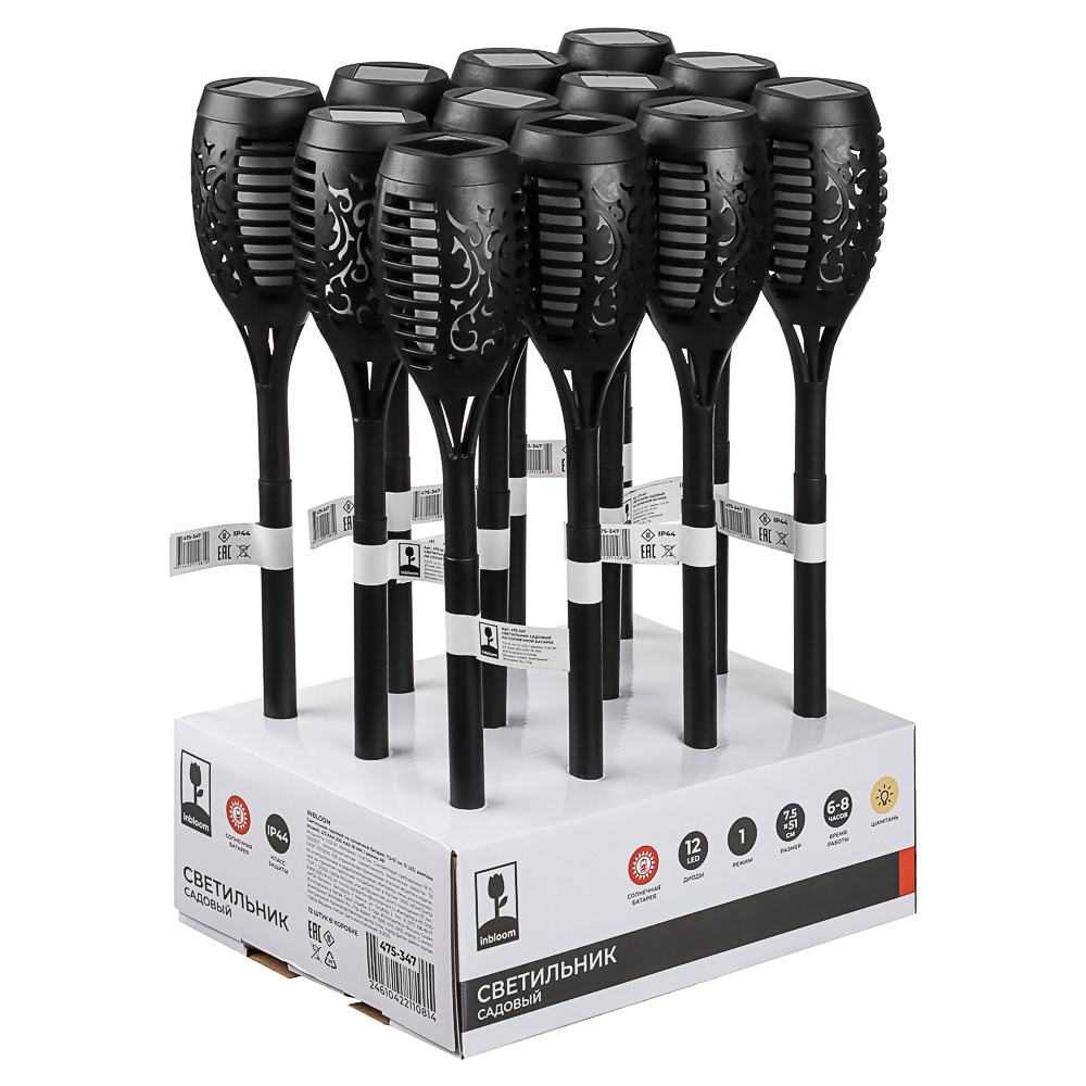 Светильник сад.на солн.батар.тм INBLOOM, 7.5х51см, 12LED, шамп.(пламя), 2/3AAA200mAh Ni-MH, 1реж.,PP, арт.№ 475-347