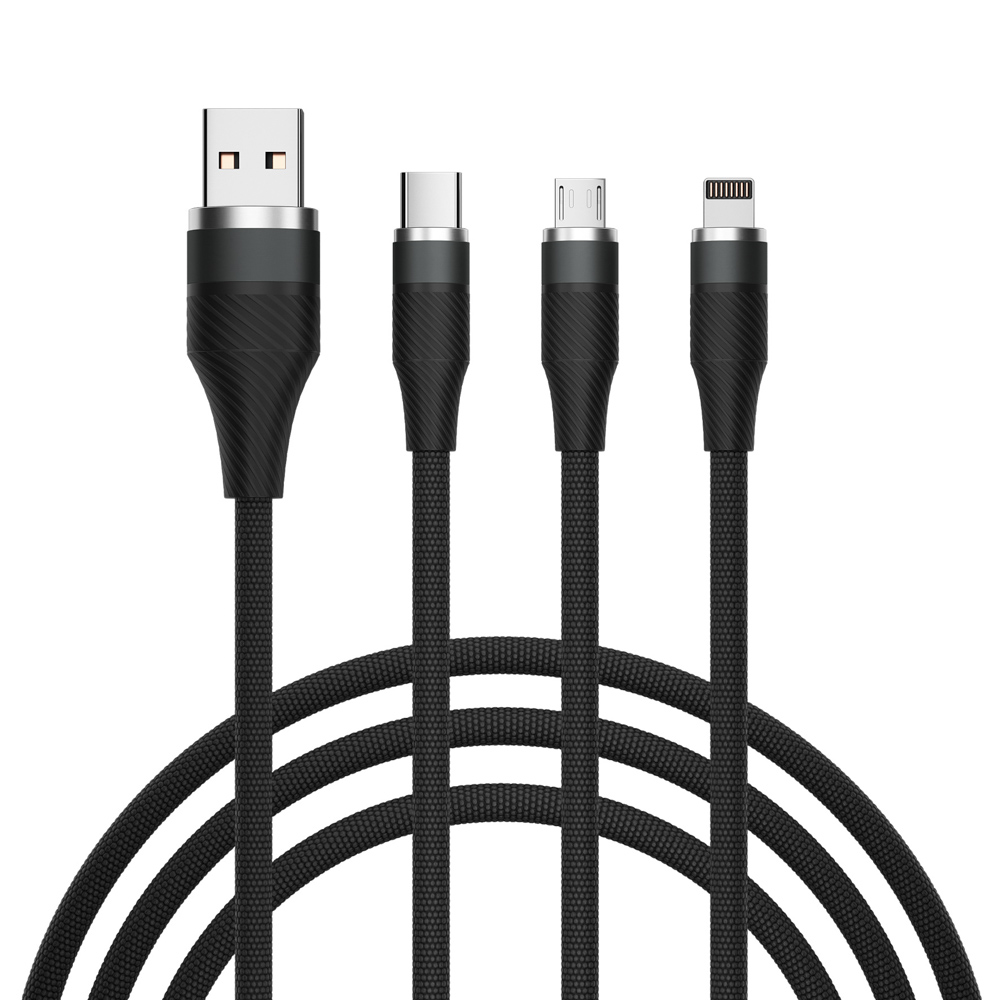 Кабель для зарядки 3в1 iP/microUSB/Type-C BY Motorsport, 1.5м, 2.4А, тканевая оплётка, пу, арт.№ 931-289