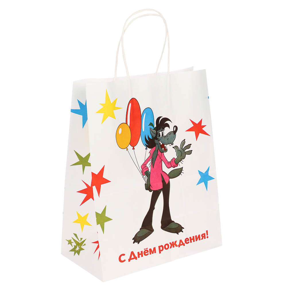 Пакет подарочный с кручеными ручками L 24х14х30см, "Ну, погоди! С Днём Рождения", в ассортименте, арт.№ 507-496