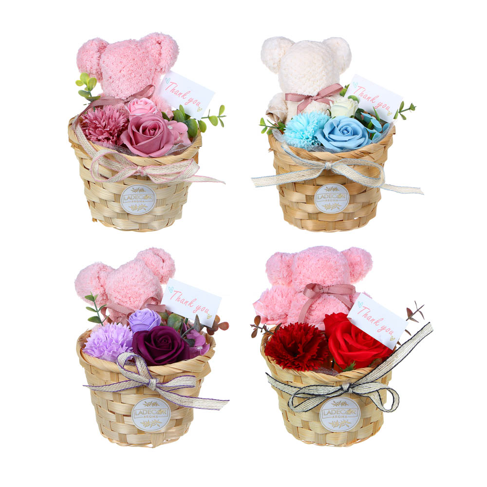 LADECOR Букет из мыльных лепестков, с мишкой-салфеткой, 17x11x11 см, арт K-616, 4 цвета, арт.№ 516-012
